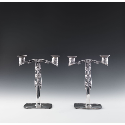 A PAIR OF "TUDRIC" PEWTER CANDELABRA